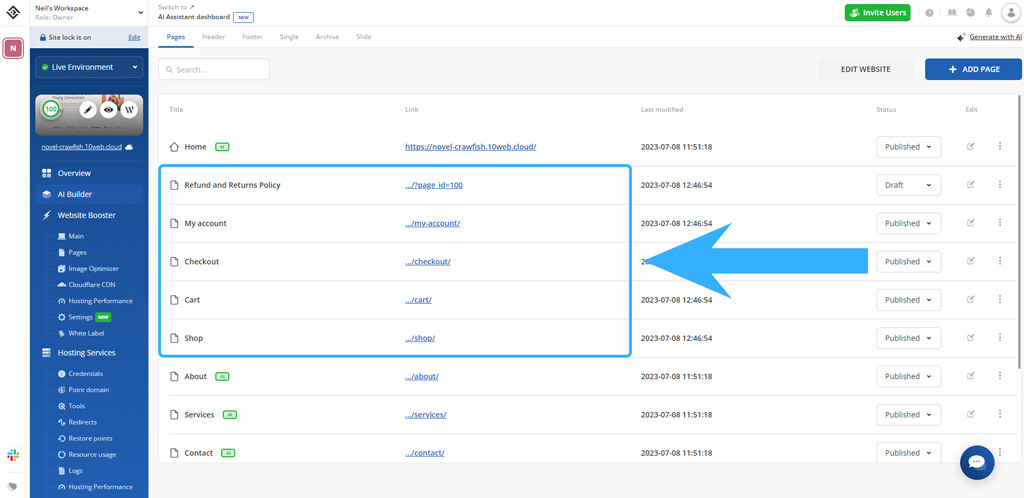 Newly added default WooCommerce pages.