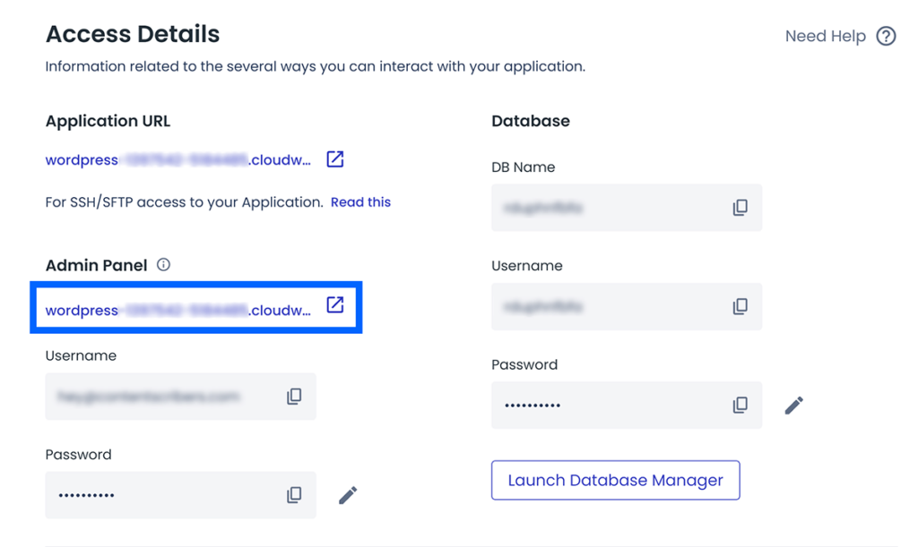 Application Access Details area with Admin Access URLhighlighted