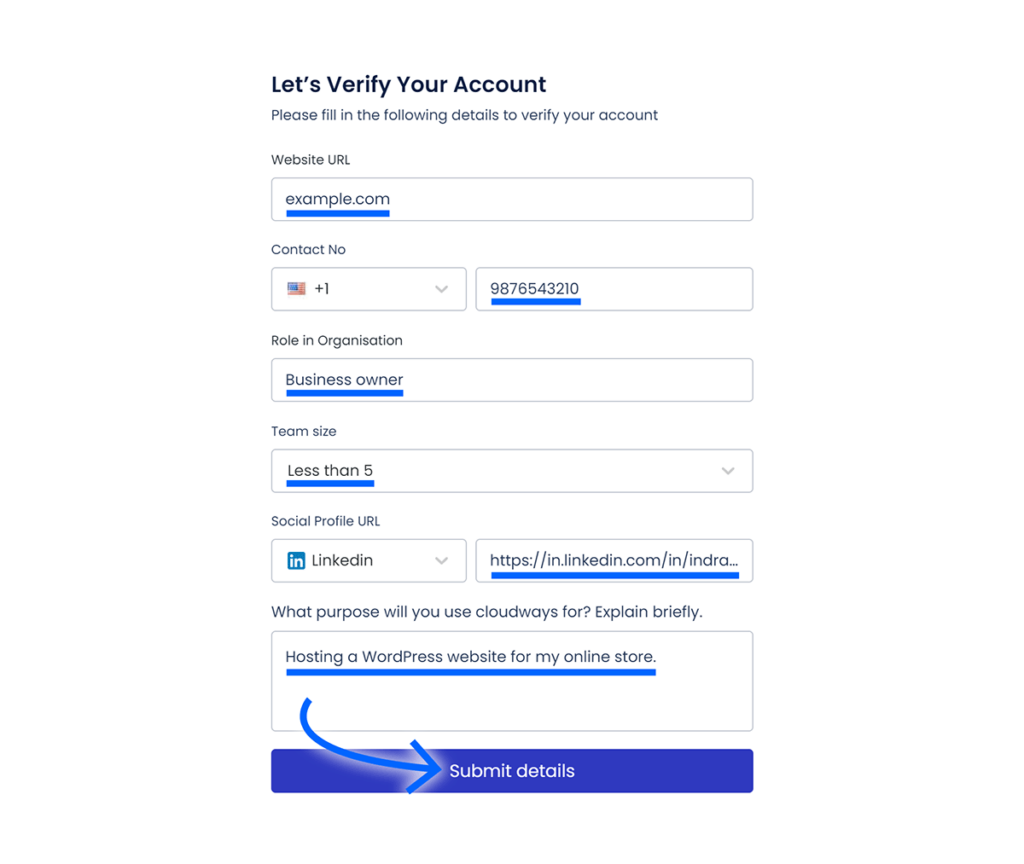 Account verification form filled with fields highligted and arrow pointing to Submit details button