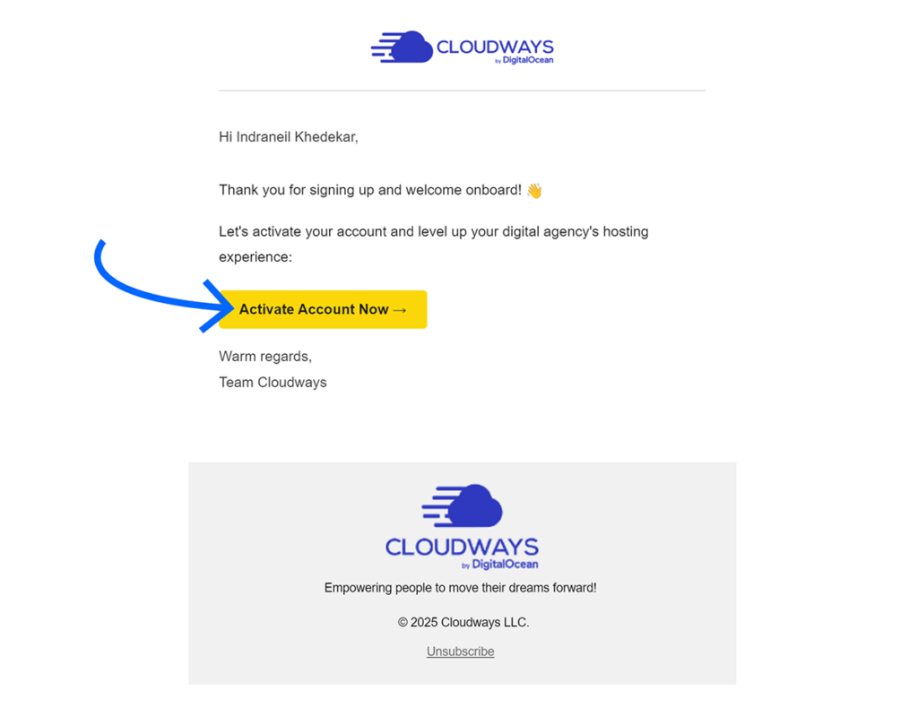 Cloudways Activate Account email with arrow pointing to Activate Account Now button