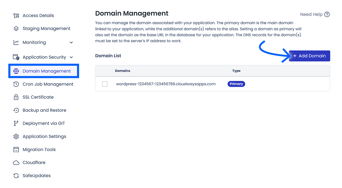 Cloudways Domain Management dashboard open with arrow pointing to Add Domain button