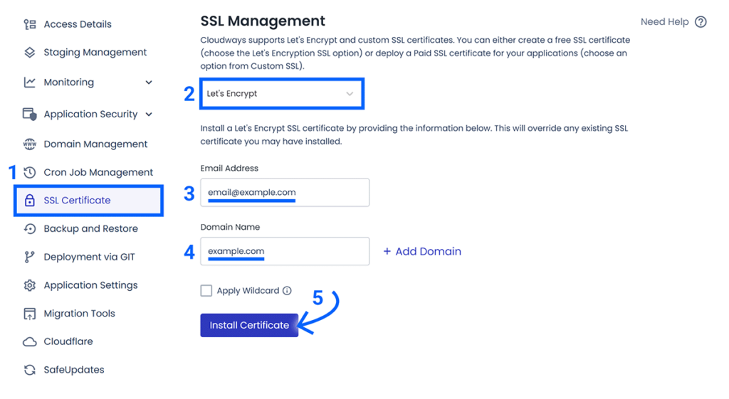 Five step process for adding SSL certificate annotated—opening Cloudways' SSL management dashboard, selecting Let's Encrypt, entering email and domain name, and clicking Install Certificate