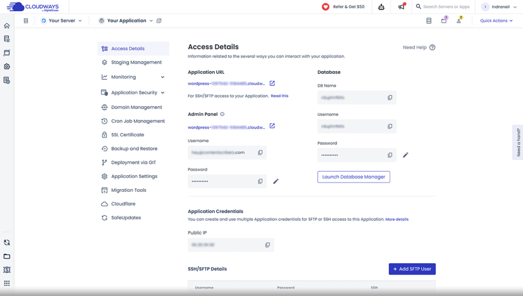 Application management area showing settings and application details