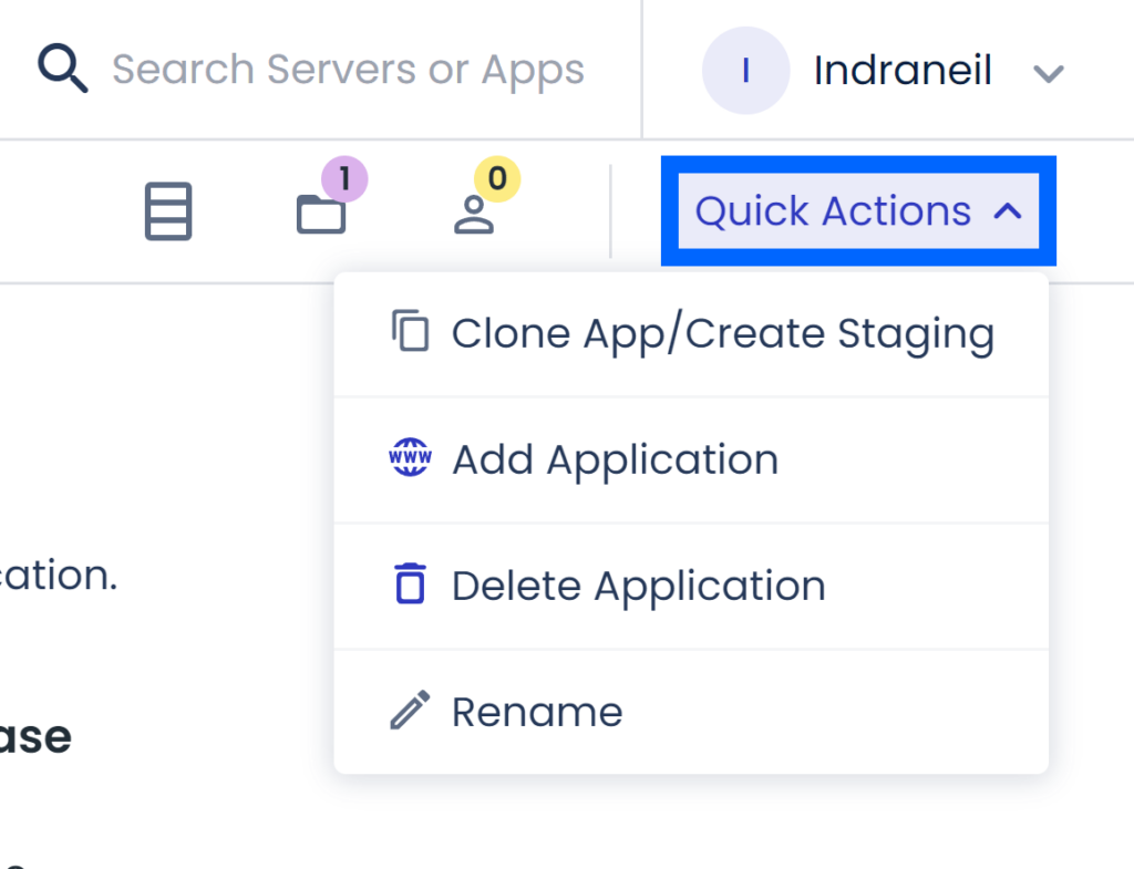 Application management dashboard quick actions menu