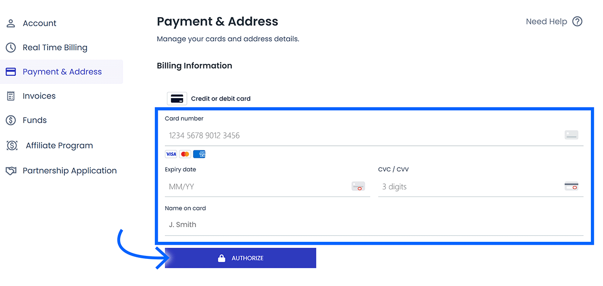 Card details fields highlighted with arrow pointing to Authorize