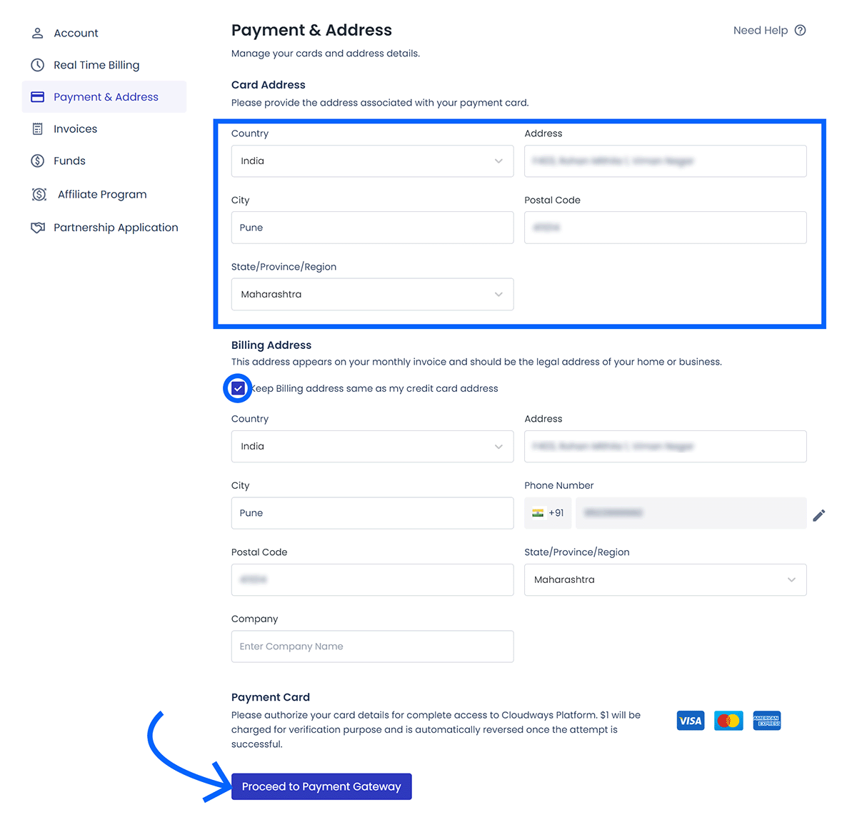 Card and billing address information entered with arrow pointing to Proceed to Payment Gateway button