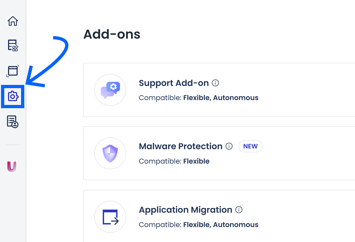 Add-ons icon clicked and highlighted in left-hand menu of Cloudways dashboard