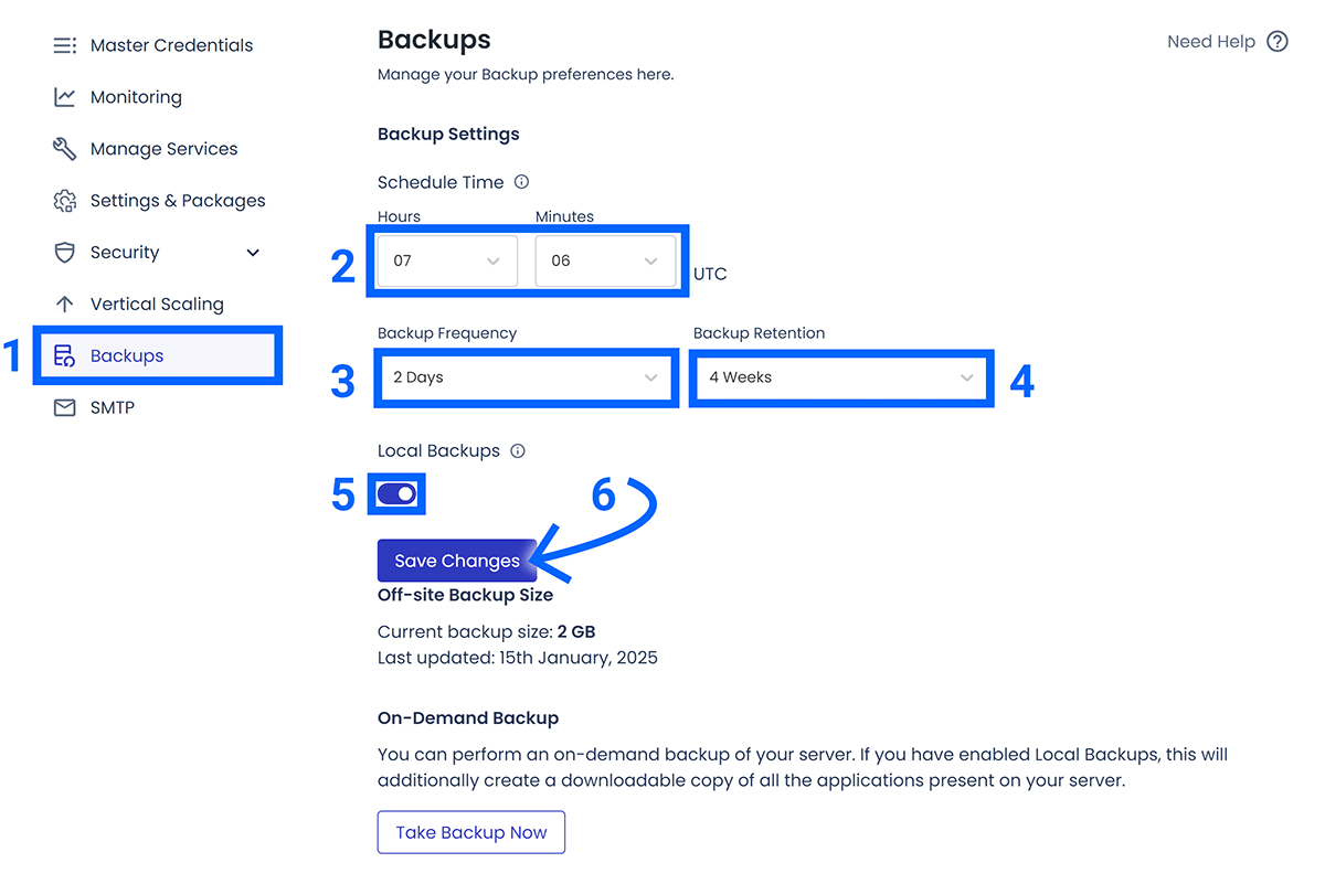 Six steps to configured backups in Cloudways annotated