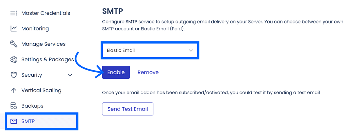 SMTP selected and highlighted, SMTP option set to Elastic Email, and arrow pointing to Enable button