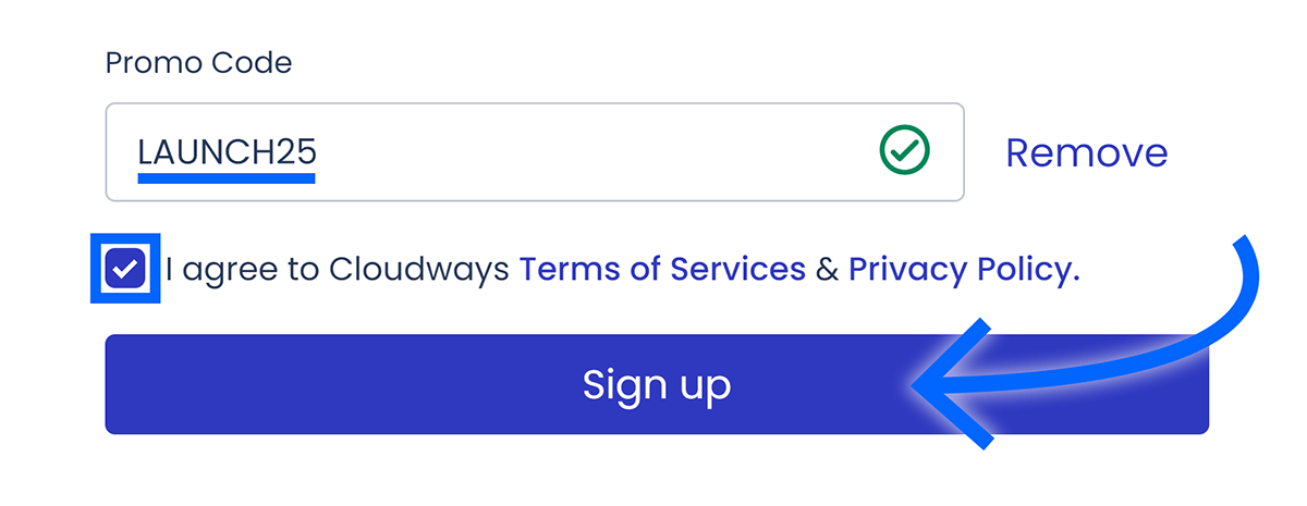 Promo code entered, terms checkbox checked, and arrow pointing to Sign up button