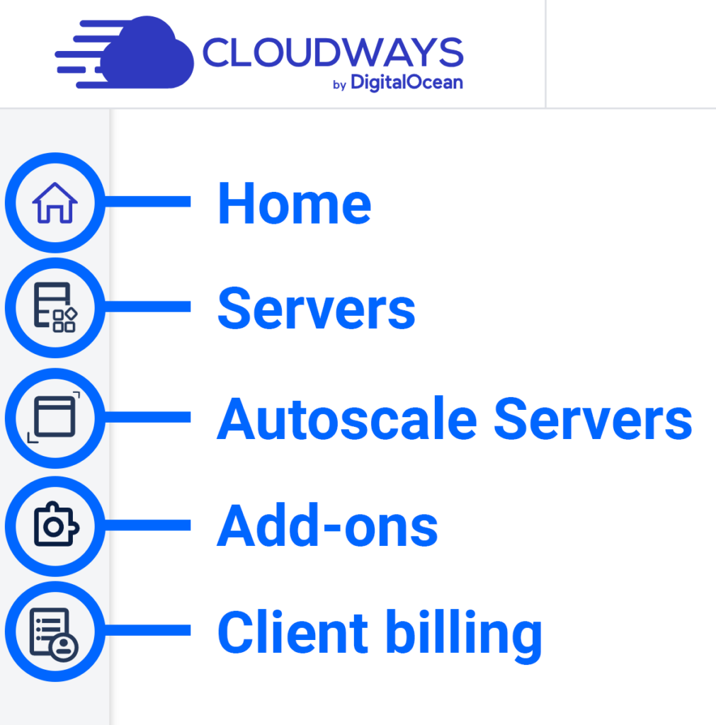 Five menu icons annotated as Home, Servers, Autoscale Servers, Add-ons, and Client billing