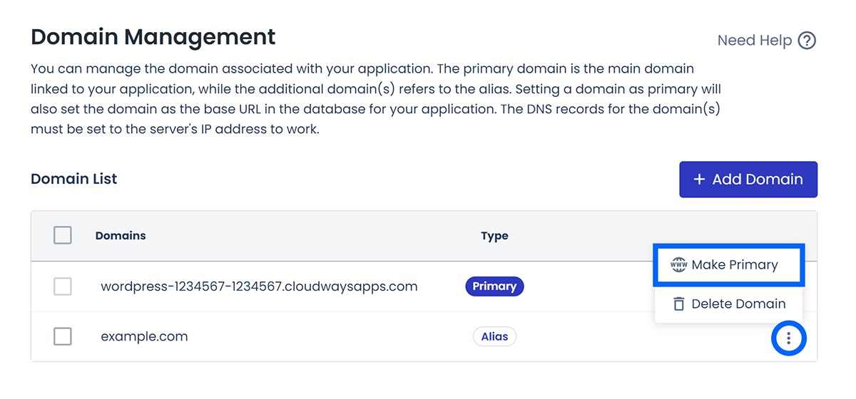 Ellipsis icon clicked for added domain and Make Primary option highlighted