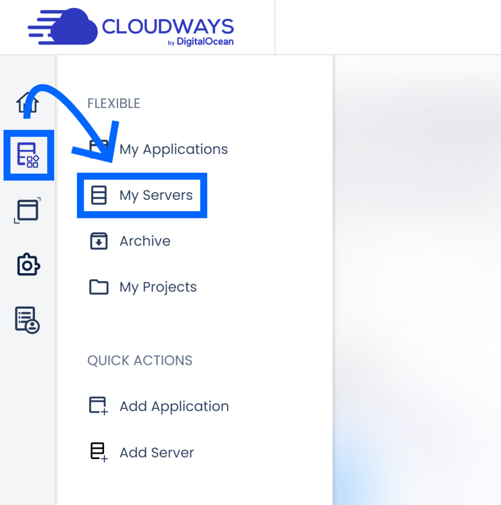 Cloudways Flexible icon and My Server menu option highligted