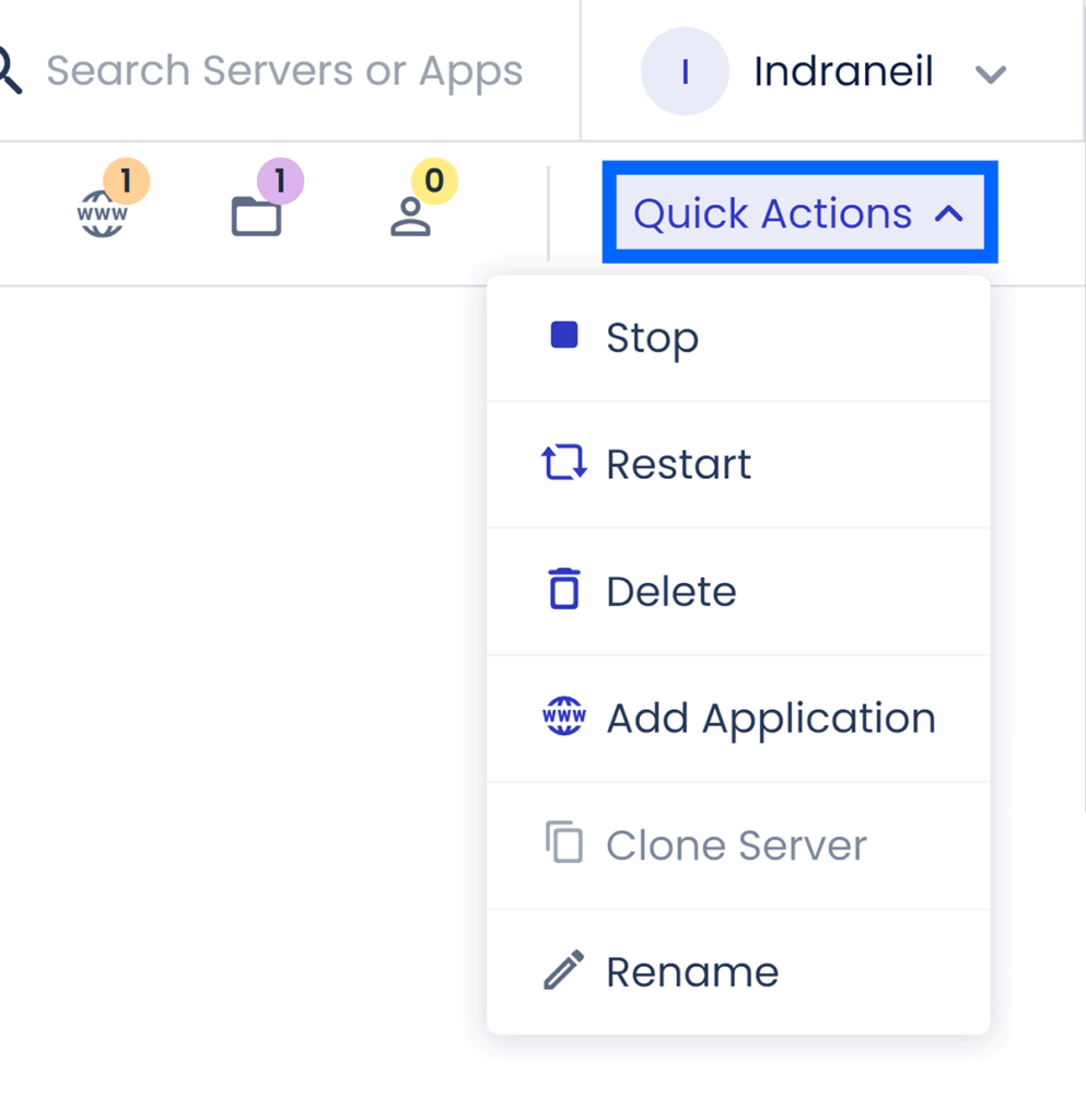 Server Quick Actions showing Stop, Restart, Delete, Add Application, Clone Server, and Rename