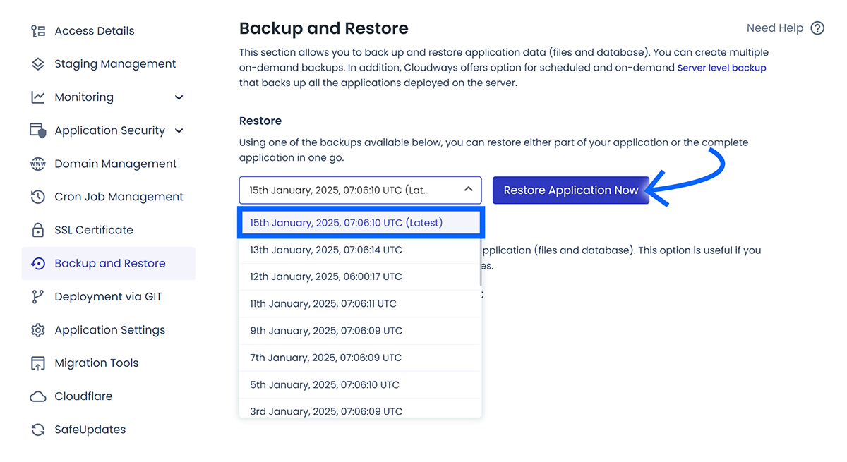 Available backups showing in expanded dropdown with the latest backup highlighted and arrow pointing to Restore Application Now button