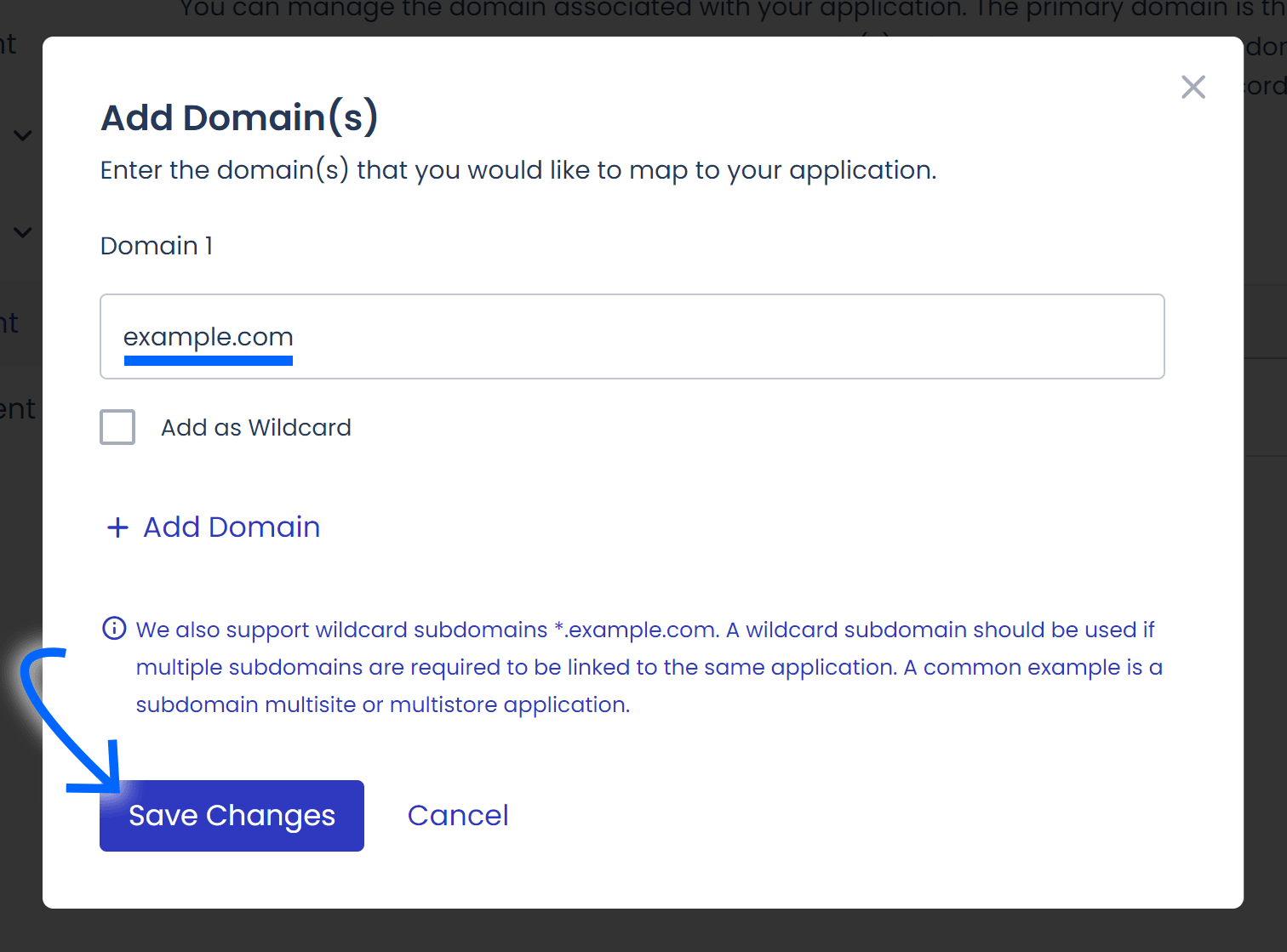 Domain name entered and highlighted with arrow pointing to Save Changes button