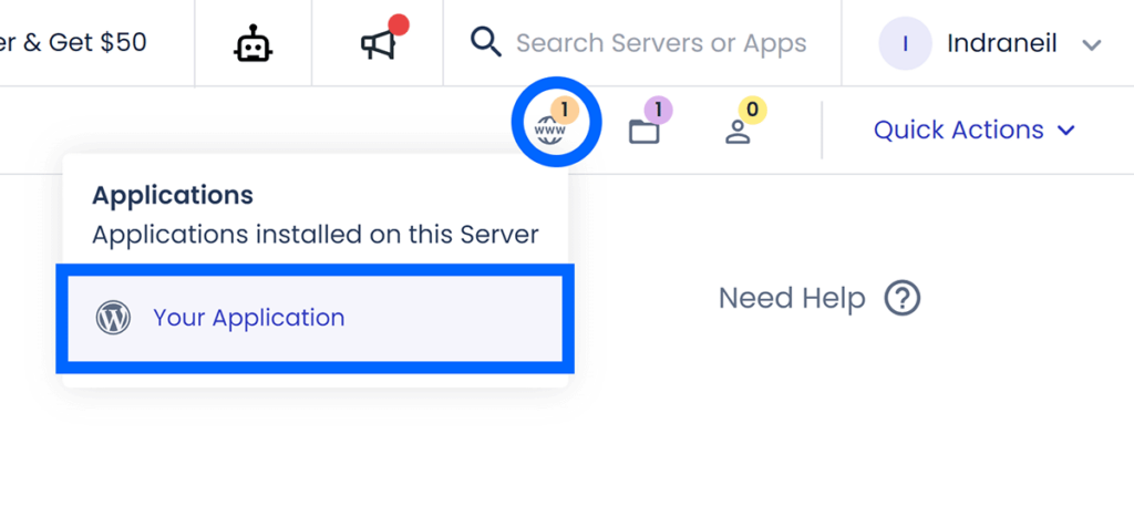 Application icon highlighted and Application highlighted in dropdown list