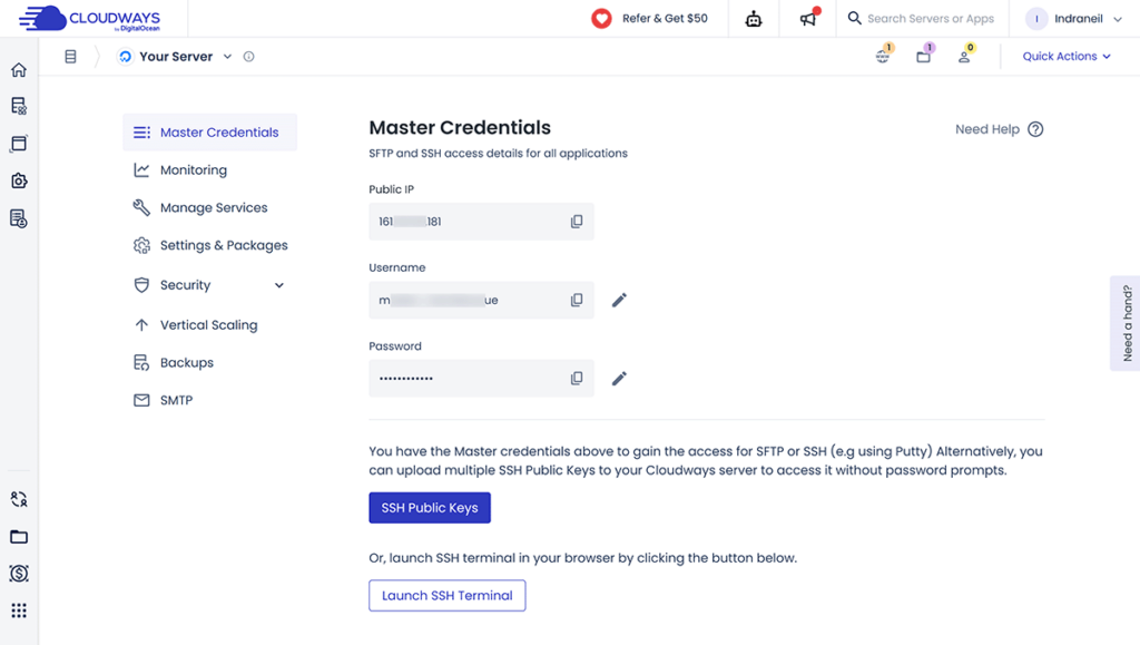 Cloudways dashboard Server Management area showing Master Credentials
