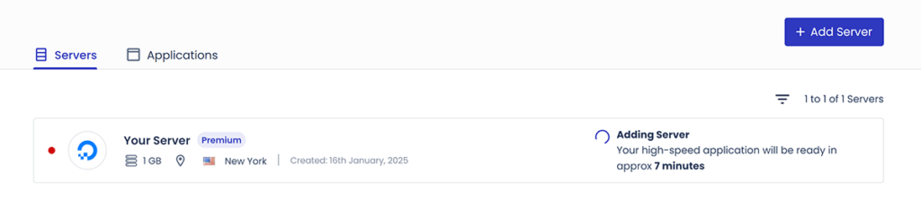 Server page showing server set up progress