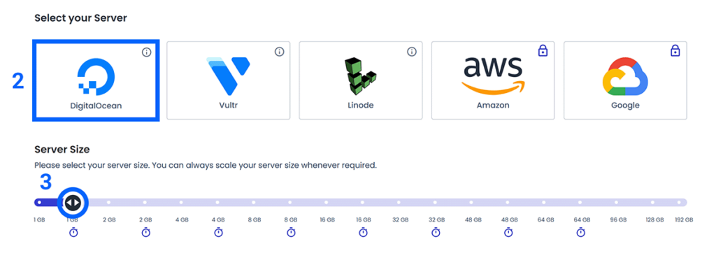 Server provider set to DigitalOcean and size set to 1GB premium