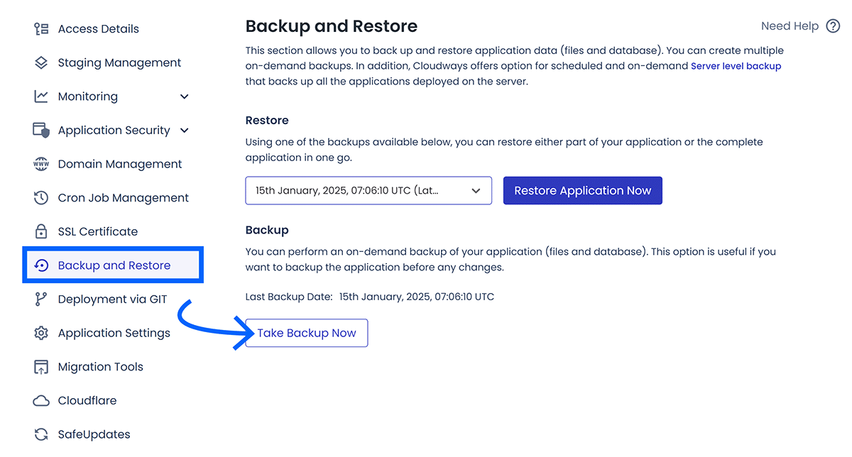Backup and Restore settings open in Application management dashboard and arrow pointing to the Take Backup Now button
