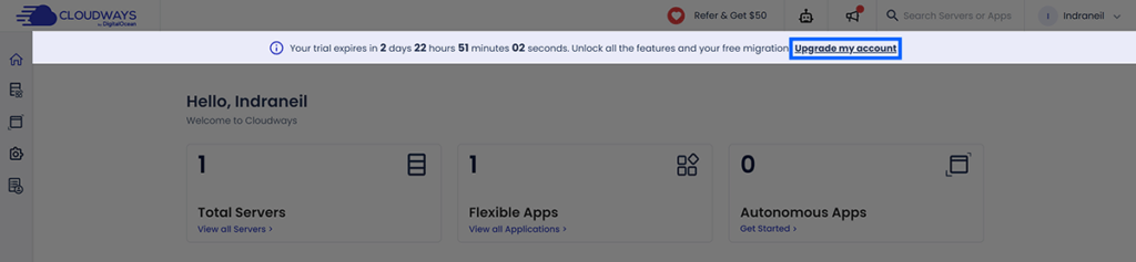 Upgrade my account hyperlink at top of page highlighted