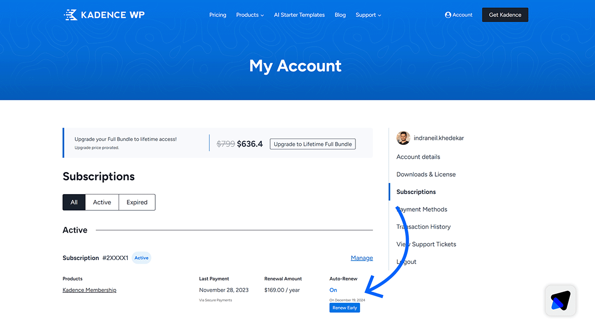 Kadence account dashboard subscriptions section with arrow pointing to Renew Early button