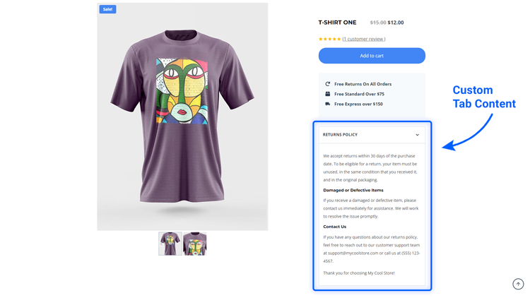custom returns policy tab kadence shop kit 2.0