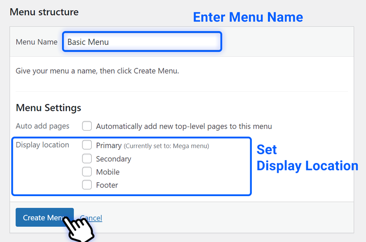 enter a menu name, set display location, and save menu