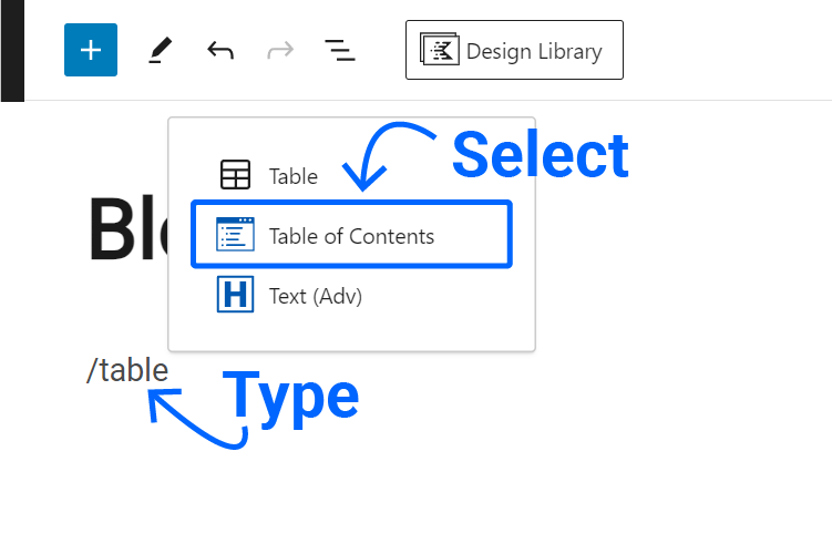 type and add kadence table of contents block