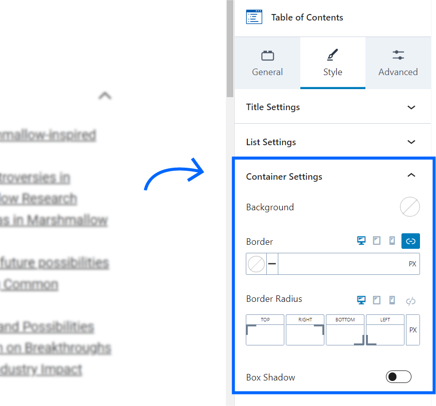 kadence toc container settings