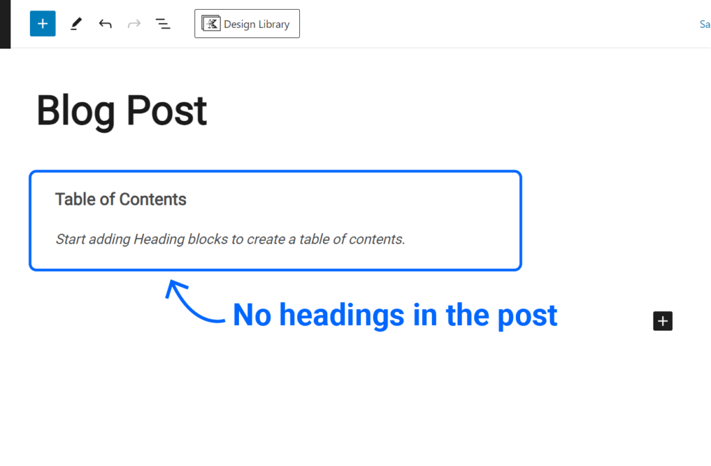 default table of contents in empty blog post