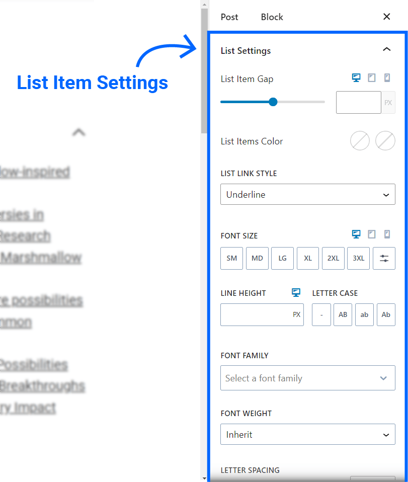 kadence toc list item settings