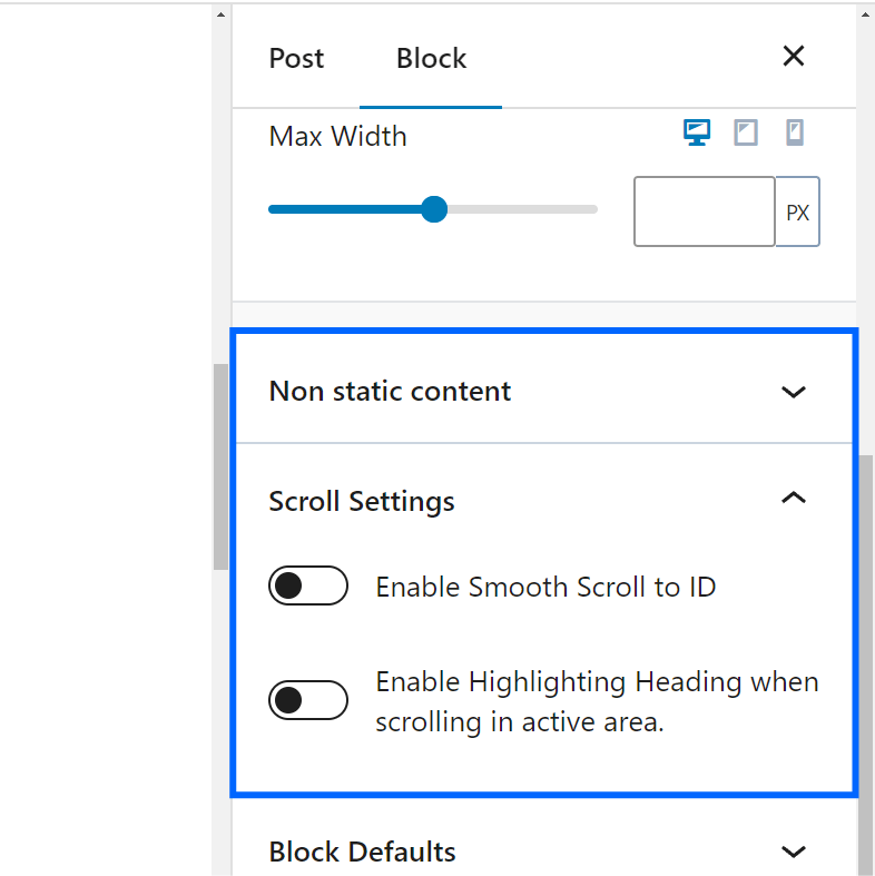 kadence toc scroll settings