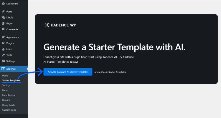 activate kadence ai starter templates