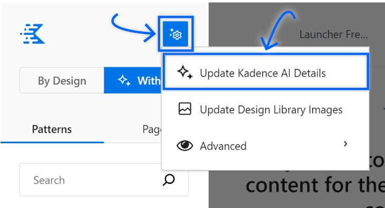 click ai settings icon then update kadence ai details