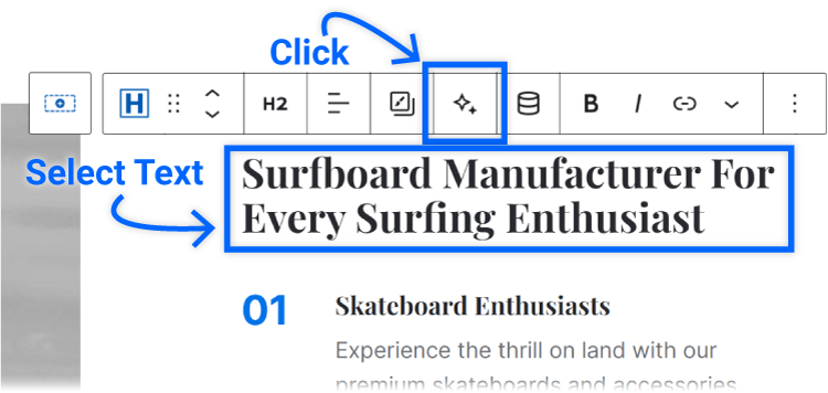 select text open block toolbar and click on kadence ai icon
