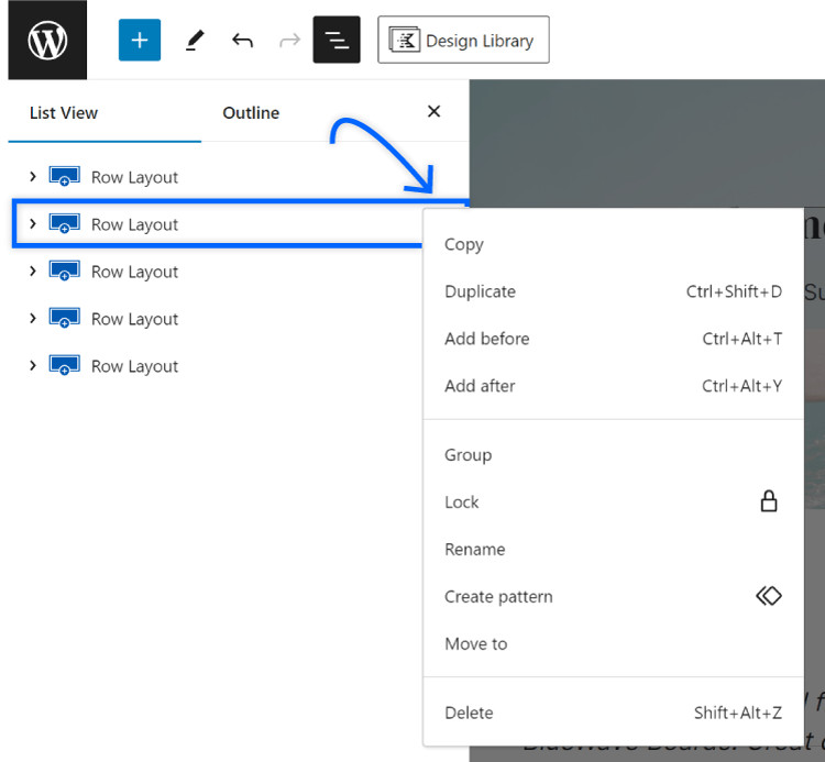 view options for row layout block
