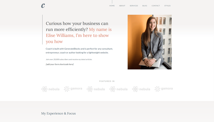 screenshot of a site built using kadence theme alternative generatepress