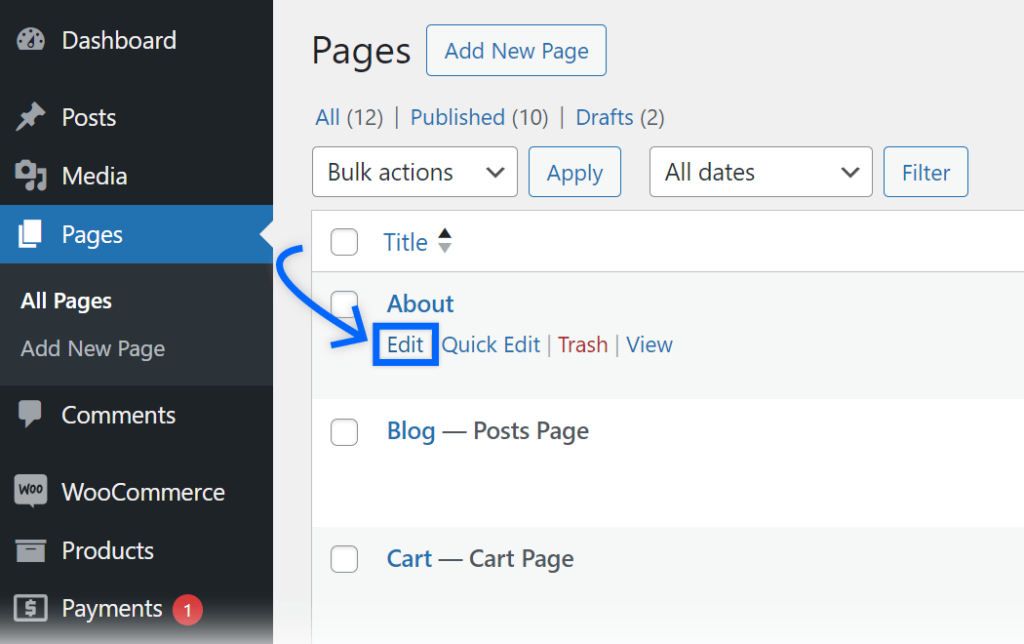 select a page to edit