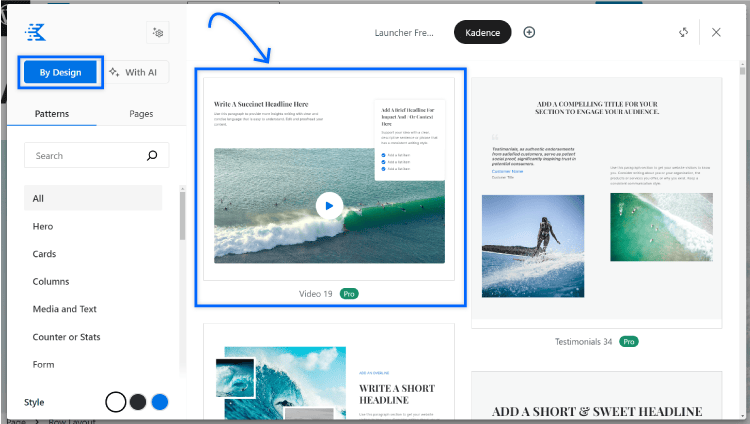 select a design pattern to add to your page