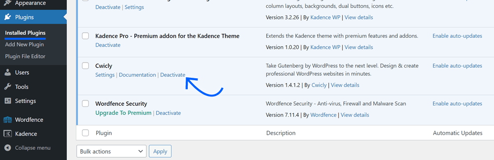 deactivate and remove cwicly plugin