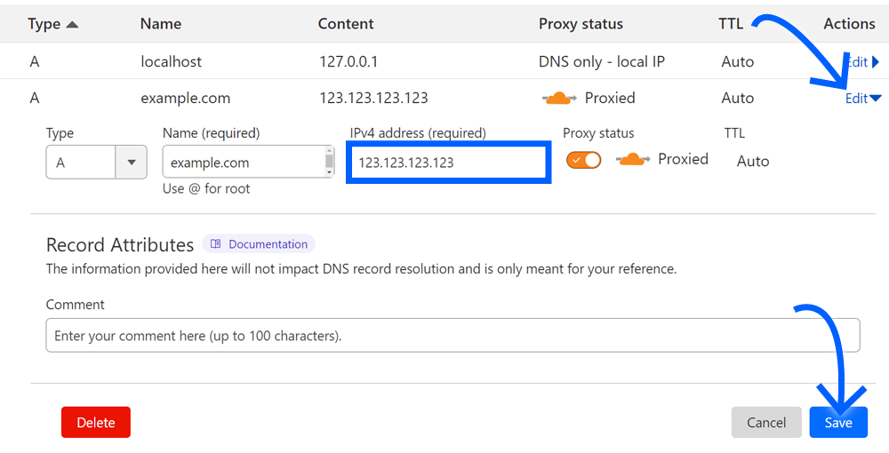 edit and save cloudflare dns records