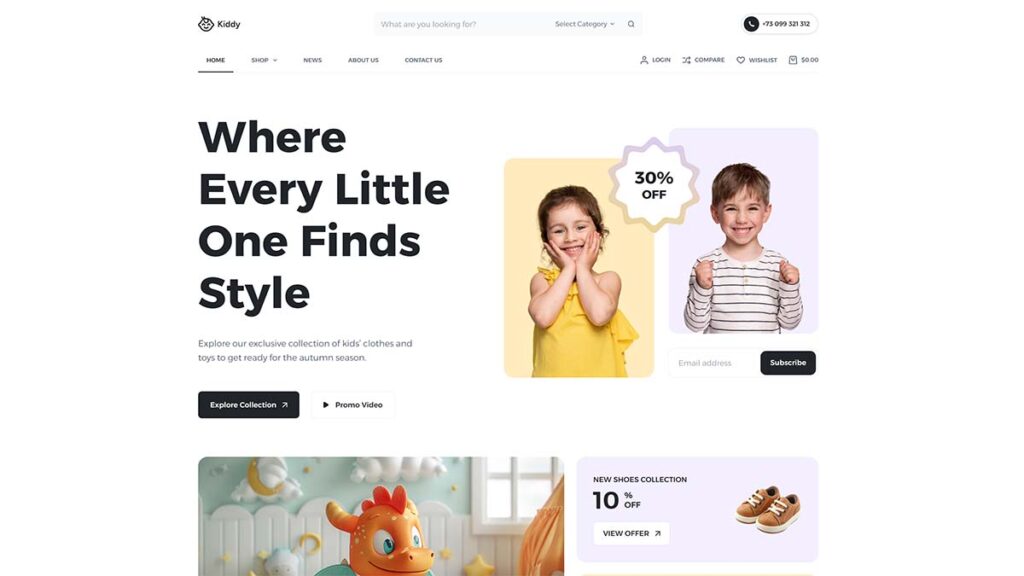 Kids clothing and toys store website built using Blocksy