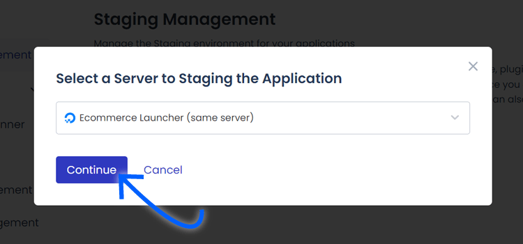 select a server and click continue