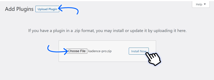 upload and install kadence theme pro
