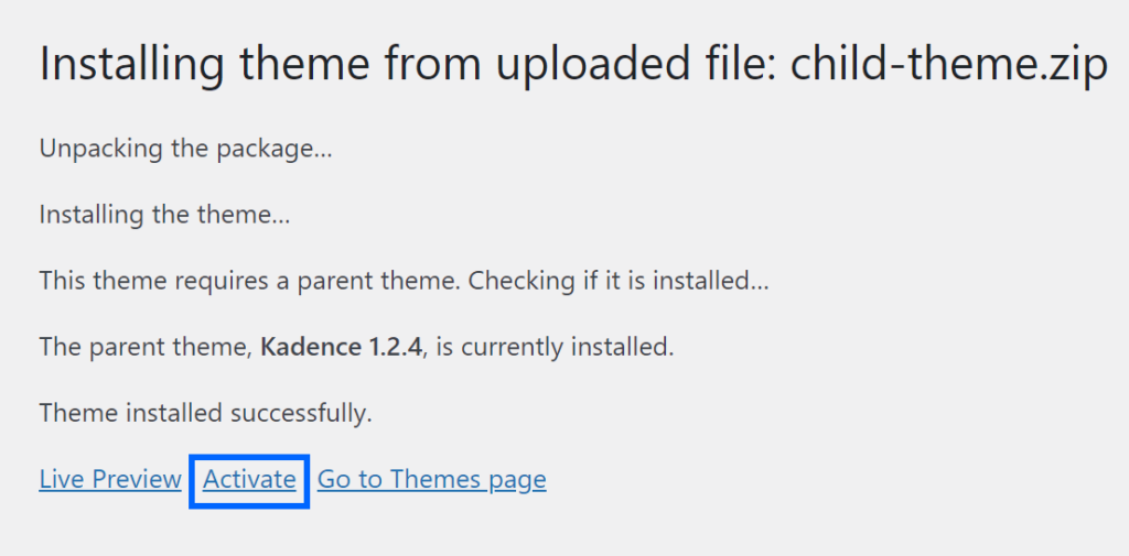 click activate child theme