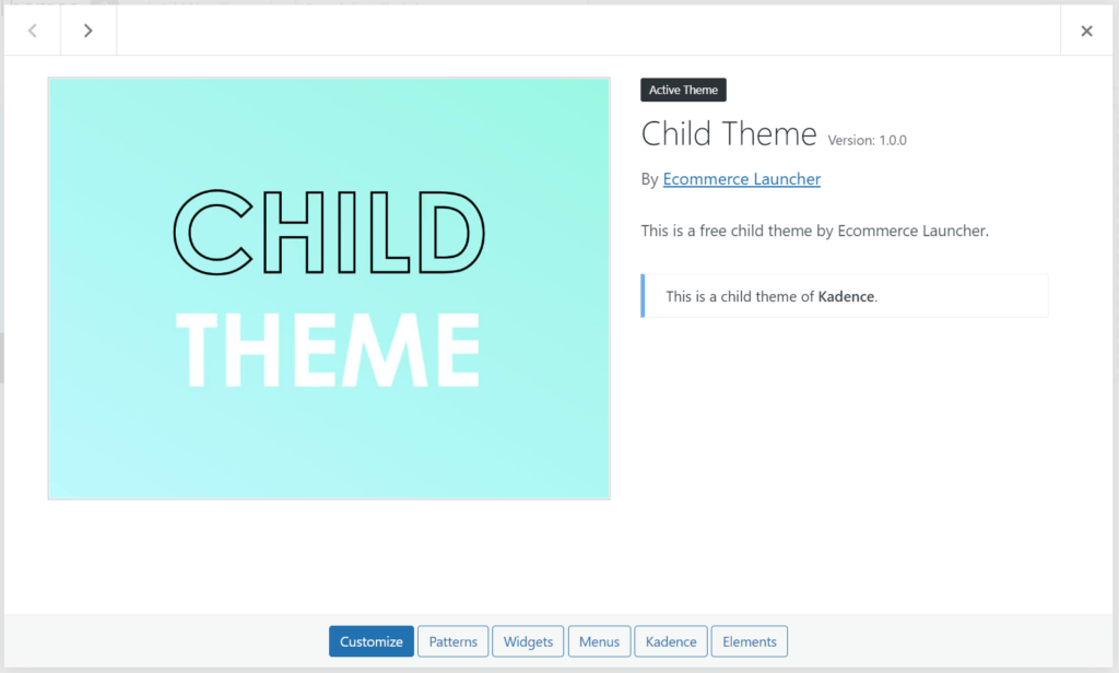 child theme details in wordpress admin