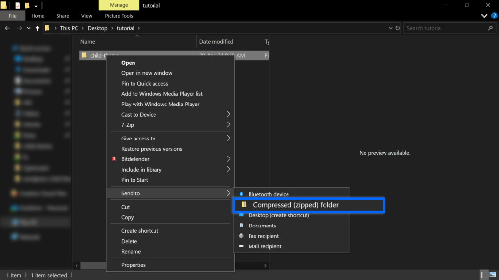 compress child theme folder and its contents