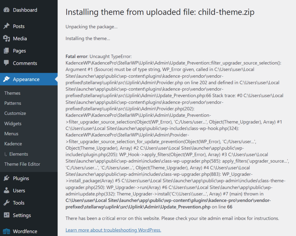 fatal error uncaught type error during child theme installation